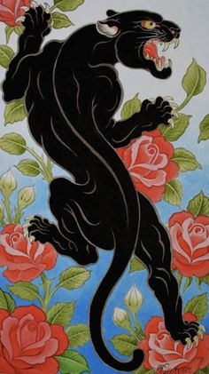 a painting of a black cat with roses on it's body and claws in the air