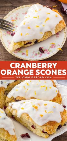 cranberry orange scones with icing on a plate