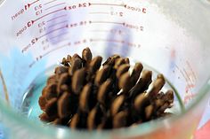 a measuring cup filled with pine cones on top of a table