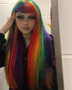 Rainbow Hair With Bangs, Purple And Rainbow Hair, Long Rainbow Hair, Rainbow Hair Color Ideas For Short Hair, Rainbow Hair Aesthetic, Black And Rainbow Hair, Dyed Mohawk, Creative Hair Dye, Cool Hair Colours