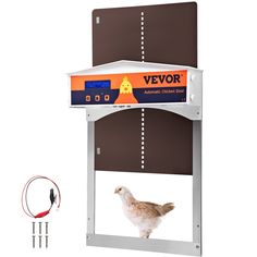 a chicken is standing in front of a vevor advertiser's display