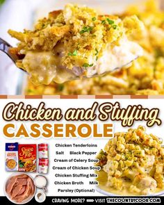 chicken and stuffing casserole recipe on a spoon