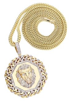 10 Yellow Gold Lion Head Diamond Pendant & Franco Chain which comes in 2.9 Inches in length and 2 Inches in width. The pendant has 2.92 Carats of Vs quality diamonds. The chain options include a 10k gold cuban chain, franco or rope with a width of 3mm's and the length can be selected to any preference. -100% REAL GOLD -LIFETIME WARRANTY -LIFETIME MAINTENANCE -LIFETIME UPGRADE -15 DAY MONEY BACK GUARANTEE -FREE SHIPPING -FINANCING AVAILABLE Luxury Gold Plated Diamond Cut Jewelry, Luxury 22k Gold Necklaces For Anniversary, Luxury Yellow Gold Diamond Custom Necklace, Luxury Custom Diamond Necklace In Yellow Gold, Gold Cuban Chain, Xo Jewelry, Yellow Gold Mens Rings, Gold Earrings For Men, Mens Diamond Bracelet