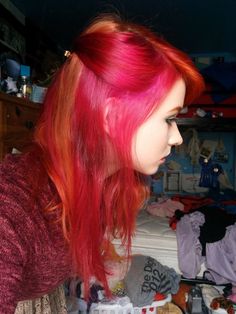 Red And Orange Hair Split, Red Roots Hair, Orange And Pink Hair, Ginger Hair Dyed, Pink And Orange Hair, Red Orange Hair, Haircut Inspo, Hot Pink Hair, Ginger Hair Color