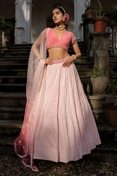 Blush Pink Georgette Designer Chikankari Lehenga Set Pink Chikankari Lehenga, Lucknowi Chikankari Lehenga, Blouse Organza, Cutdana Embroidery, Embroidery Beads, Hem Blouse