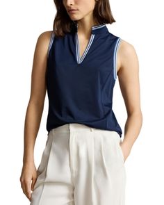 Lauren Ralph Lauren Tailored Fit Pique Sleeveless Shirt Sleeveless Golf Tops For Summer, Sleeveless Summer Golf Tops, Navy Sleeveless Top For Work, Navy Fitted Sleeveless Top, Summer Golf Polo Collar Top, Navy Sleeveless Cotton Tops, Summer Golf Polo Top, Navy Cotton Golf Tops, Navy Cotton Sports Top