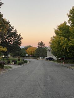 an empty street with trees and houses in the background