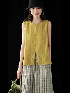 Sku CY-!25830 Material Linen Style Loose , Sleeveless Feature Split-front Occasion Going out , Casual , Vintage Seasons Summer Type T-Shirts Tops Color YELLOW,BLACK,WHITE,PURPLE Size FREE SIZE Size chart: Please consult the size chart we provide for this item's measurements to help you decide which size to buy. Please note: There may be 1-3cm differ due to manual measurement. CMINCH Cm Bust Shoulder Length FREE SIZE 108 38 59-69 Green Crew Neck Vest For Summer, Sleeveless Solid Color T-shirt For Spring, Yellow Sleeveless Cotton T-shirt, Yellow Sleeveless Cotton Tops, Yellow Sleeveless Vest Top, Yellow Cotton Vest Top, Casual Yellow Tank Vest, Casual Yellow Sleeveless Tank Top, Boho Style Dresses