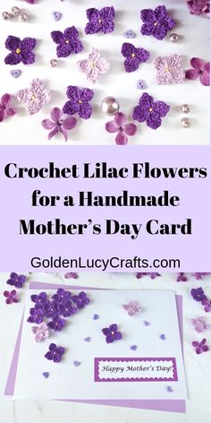 crochet lilac flowers for a handmade mother's day card with text overlay