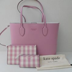 New With Tags, Super Adorable Kate Spade Tote Set, Color Is "Berry Cream". Love The Pretty Lettering On The Tote And Wallet. Comes With Dust Cover. Measurements Height: 11.75" Width: 13.75" Depth: 5.25" Features Tote With Magnetic Tab Closure Detachable Pouch Pinmount Logo Fits Iphone Max, Zip-Around Continental Wallet, Ipad, A4 Binder, 13" Laptop Materials Saffiano Leather Faille Lining Kate Spade Bag With Removable Pouch As Gift, Kate Spade Bags With Removable Pouch As Gift, Pretty Lettering, Large Tote Purse, Kate Spade Satchel, Kate Spade Totes, Red Tote, Kate Spade Tote Bag, Black Leather Tote