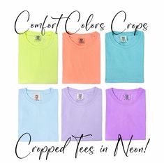 Crop tees are the newest style tees from Comfort Colors! Even softer feeling than the original ones, in unique washed shades! They feel like SUMMER!  >>Soft-washed garment-dyed fabric >>6.1 oz., Soft ring-spun cotton fabric with 100% cotton threads >>Boxy fit, slightly cropped >>Signature twill label >>Garment dyed for that lived in feel and almost no shrinkage at home Comfort Colors uses a special dyeing process to achieve some of the prettiest shades! The garment-dying process infuses each gar Home Comfort, Dyeing Process, Crop Tee, Fashion Tees, Comfort Colors, Cotton Fabric, Adult Outfits, Neon, Bathing Beauties