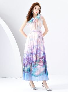 Bathed in a dreamscape of watercolor hues, this maxi dress captures the essence of an impressionist painting brought to life. The garment is a symphony of soft pastels blending into each other, reminiscent of a serene morning sky reflecting off a calm sea. Adorned with an array of delicate ruffles around the halter neckline, it evokes a sense of ethereal charm. The tie-waist detail gracefully cinches, giving structure to the flowing fabric that cascades down to a full-length hem, promising to sw Colors Of Summer, Calm Sea, Bow Style, Flowing Fabric, Alfresco Dining, Flounce Skirt, Morning Sky, Impressionist Paintings, Skirt Skirt