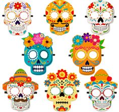 six sugar skulls with colorful flowers on their heads, each decorated in different colors and sizes