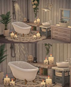 the bathroom is decorated with candles and bathtubs for relaxing in it's natural surroundings