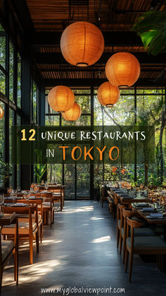 Interior of a unique Tokyo restaurant with warm paper lanterns, large glass windows showcasing lush greenery, and elegant wooden furniture, creating a serene dining atmosphere. Coolest Restaurants, Cool Restaurants, Places In Tokyo, Tokyo Restaurant, Themed Cafes, Cool Restaurant, Global Cuisine, Unique Restaurants, Unique Places