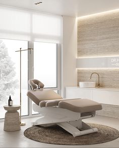 a modern spa room with a large window