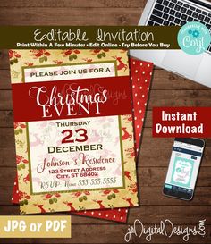 christmas party flyer with laptop and phone on the table next to it, including an image of