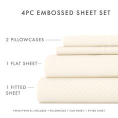 the four piece embossed sheet set is shown with measurements for each bedding item