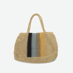 This handmade macrame jute tote in color-blocked stripe pattern is large enough to fit all your seaside essentials. The easy-going style will carry you through your entire summer and well into Fall. 100% Jute Unlined 12” H 18” W 4” D 10” Drop *Due to the handmade nature of this product, colors and size may vary. Rope Knitting, New York Summer, Jute Totes, Knitting Bag, Handmade Macrame, Market Tote, Easy Going, Stripes Pattern, Lei