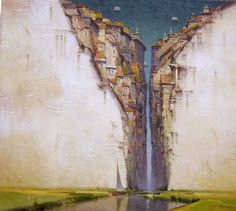 an abstract painting of a waterfall in the middle of a city