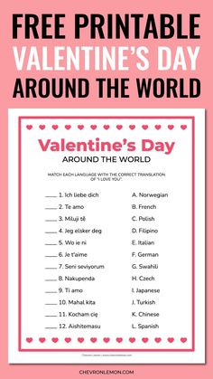 valentine's day printables with the words, free printable valentine's day around the world