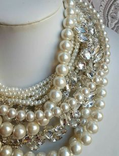 Elegant Pearl Necklace With Rhinestones For Wedding, Glamorous White Bridal Necklace For Wedding, Glamorous White Bridal Necklace For Anniversary, Pearl Necklace For Mother Of The Bride, Glamorous White Pearl Necklace, Mother Of The Bride Pearl Necklace, Glamorous Crystal Pearl Necklace For Wedding, Glamorous White Pearl Embellished Necklace, Glamorous White Pearl Necklace For Wedding