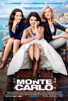 the movie poster for monte carlo starring two women sitting on a bench in front of water