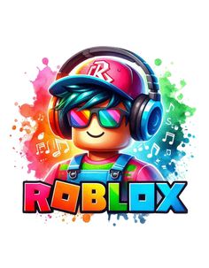 the logo for roblox with headphones and music notes on his face, in front of watercolor splashs