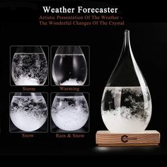 four different types of snow in glass vases