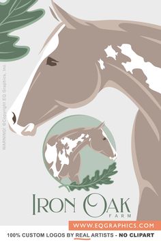 the iron oak farm logo is shown with an image of a horse's head