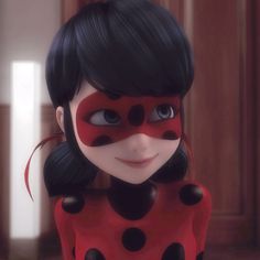 a cartoon ladybug with black hair and red makeup