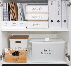 a book shelf filled with lots of books and folders next to other office supplies