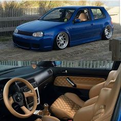 the interior and dashboard of a blue car