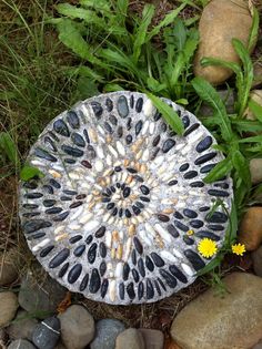 a rock sitting on top of a pile of rocks next to some grass and flowers