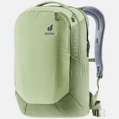 a green backpack with the word deuter on it's front and side zippers