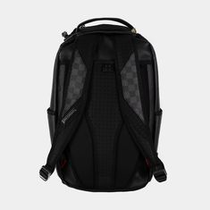 a black backpack with checkered design on the front and side panels, it has a zipper