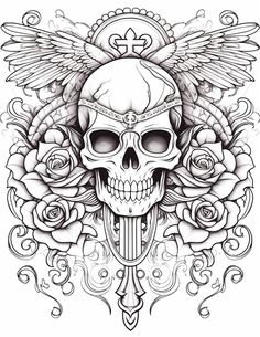 a skull with wings and roses on it's head is shown in black and white