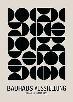 the poster for bauhus austellung, which features black circles and white background