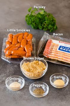 ingredients to make bacon in small bowls on a table