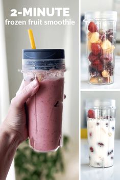 the smoothie is made with frozen fruit and yogurt, then topped with strawberries