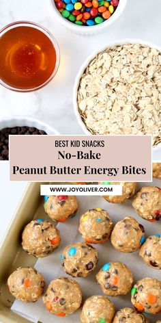 no bake peanut butter energy bites recipe with text overlay