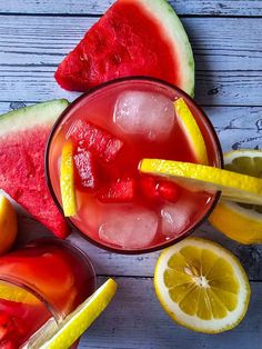 two glasses filled with watermelon and lemonade