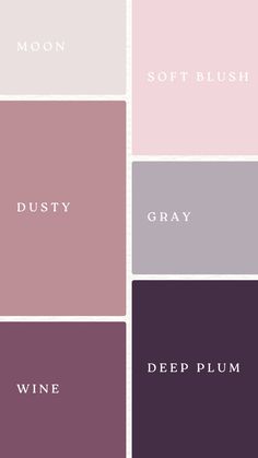 four different shades of pink, purple and grey with the words'dusty gray'in white