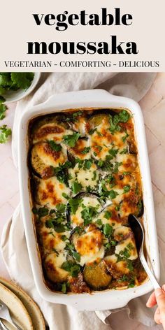 vegetable moussaka in a white casserole dish