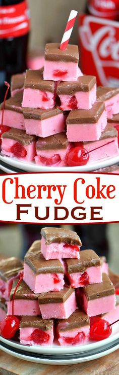 cherry coke fudge ice cream sandwiches are stacked on a plate and ready to be eaten