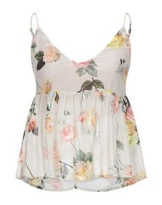 Crepe Frills Floral design Deep neckline Sleeveless No pockets Fitted V-neck Camisole With Ruffles, Chic Flowy Top For Garden Party, Fitted V-neck Tank Top With Ruffles, White V-neck Tank Top With Floral Print, White Floral Print V-neck Tank Top, Elegant Floral Print Sleeveless Blouse, Elegant Sleeveless Blouse With Floral Print, Feminine Beach Camisole With Floral Print, V-neck Floral Print Tank Top For Beach