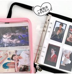 an open book with pictures on it next to a zippered bag and other items