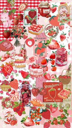 strawberry patchwork collage with pink gingham checkered tablecloth and strawberries