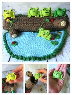 crocheted frog pond with frogs on the bottom and green toadies in the middle