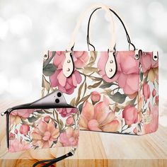 ► ABOUT THIS LUXE JANE PURSE * Colors: Pink, white, green  * Design: Flowers, floral * The handle and trim are beige * Two top handles (not removable) Handle has about 5.1"(13cm) drop (hand drop) * Removable shoulder strap so you can carry this purse as a shoulder bag or handbag * Zipper closure on main compartment * Metal Color: Gold * Reinforced with rivets * PU (vegan vinyl)  * The design is printed on all outer sides * Two inside pockets  Made from high-grade vegan PU polyvinyl. This is a TE Pink Floral Print Leather Bag, White Floral Print Shoulder Bag For Everyday Use, White Floral Print Shoulder Bag, Feminine Floral Print Bag For Everyday Use, Ipad Storage, School Bag College, Flower Purses, Business Briefcase, Purse Handles